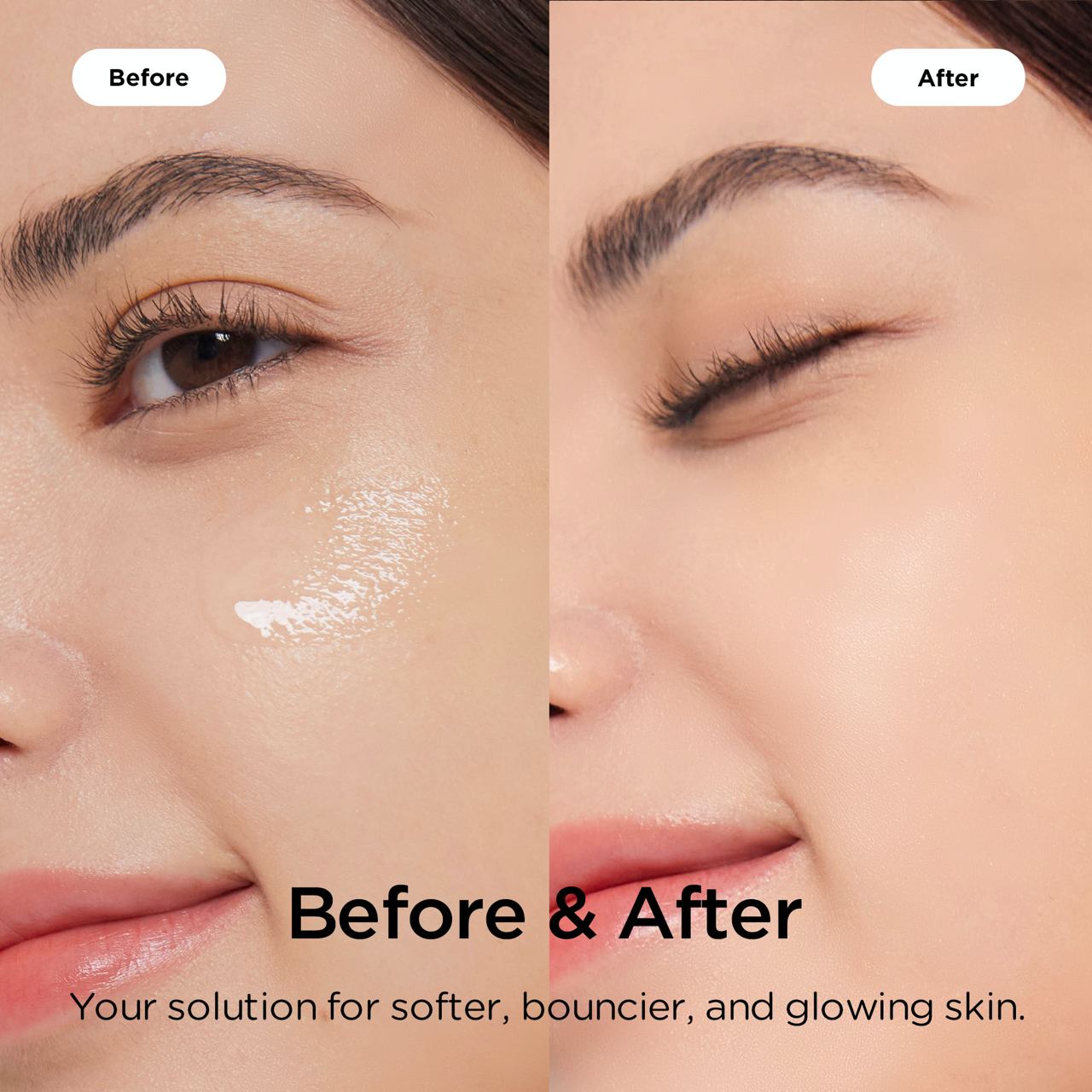 Before and after comparison of Avarelle's Vitamin C Brightening Complex Cream, now featuring Sea Buckthorn, showing improved skin texture and radiance.