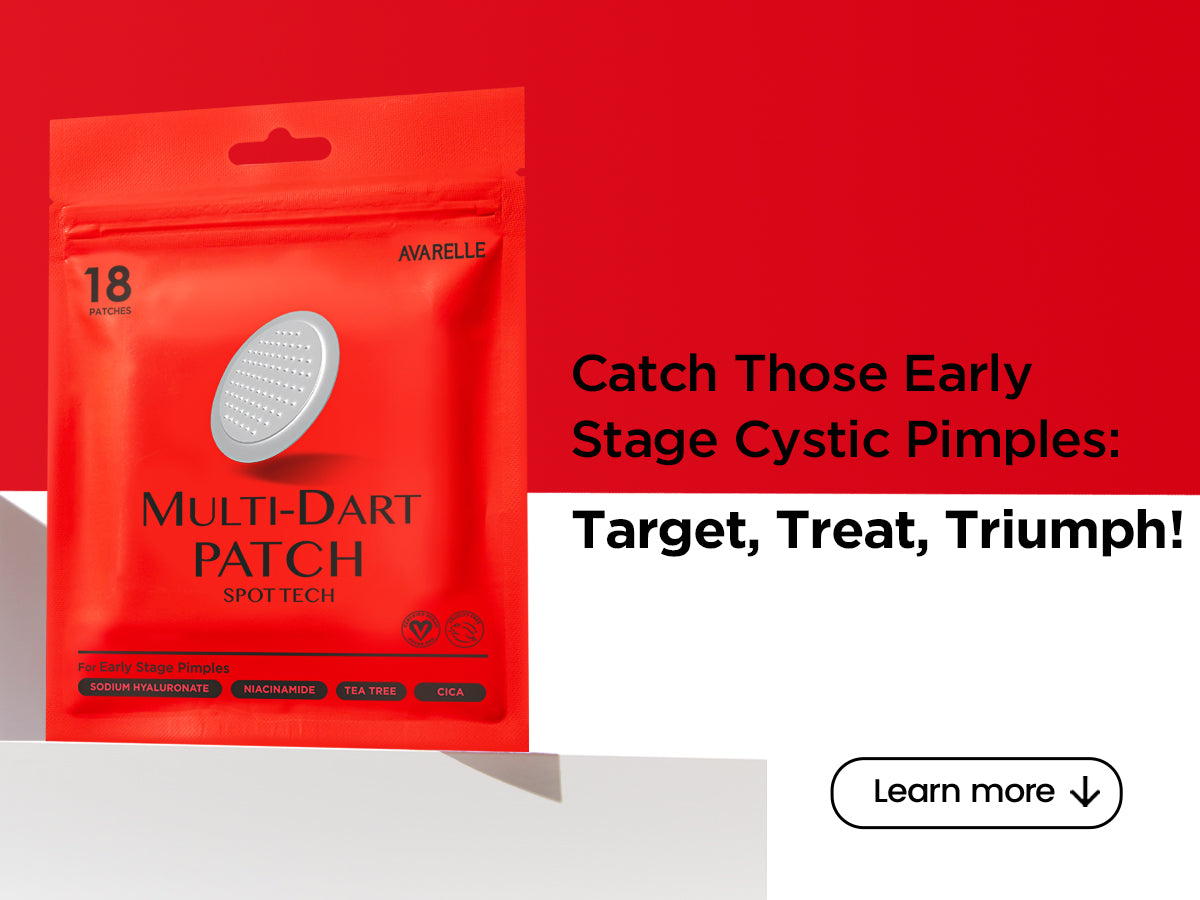 A package of Avarelle Multi-Dart Patch for treating early-stage cystic pimples, with a call-to-action encouraging viewers to learn more about the product.