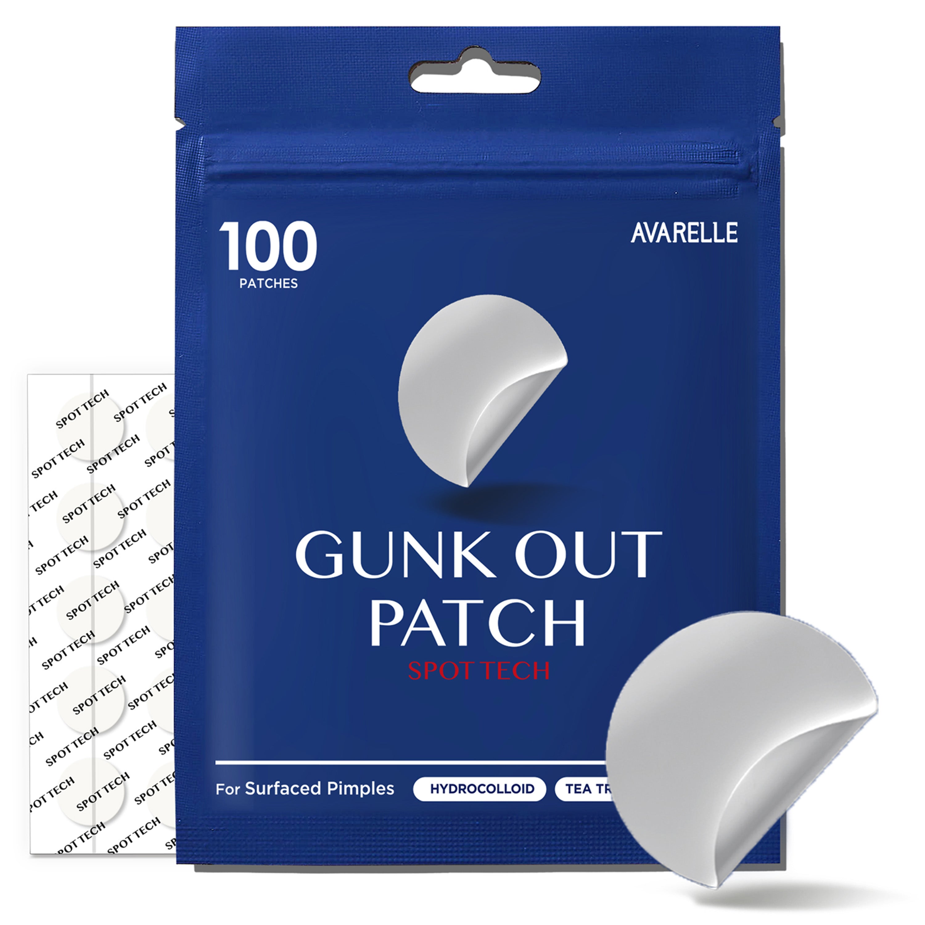 GUNK OUT: Spot Tech 100CT on a white background with the film with pimple patches and a huge pmple patch in front