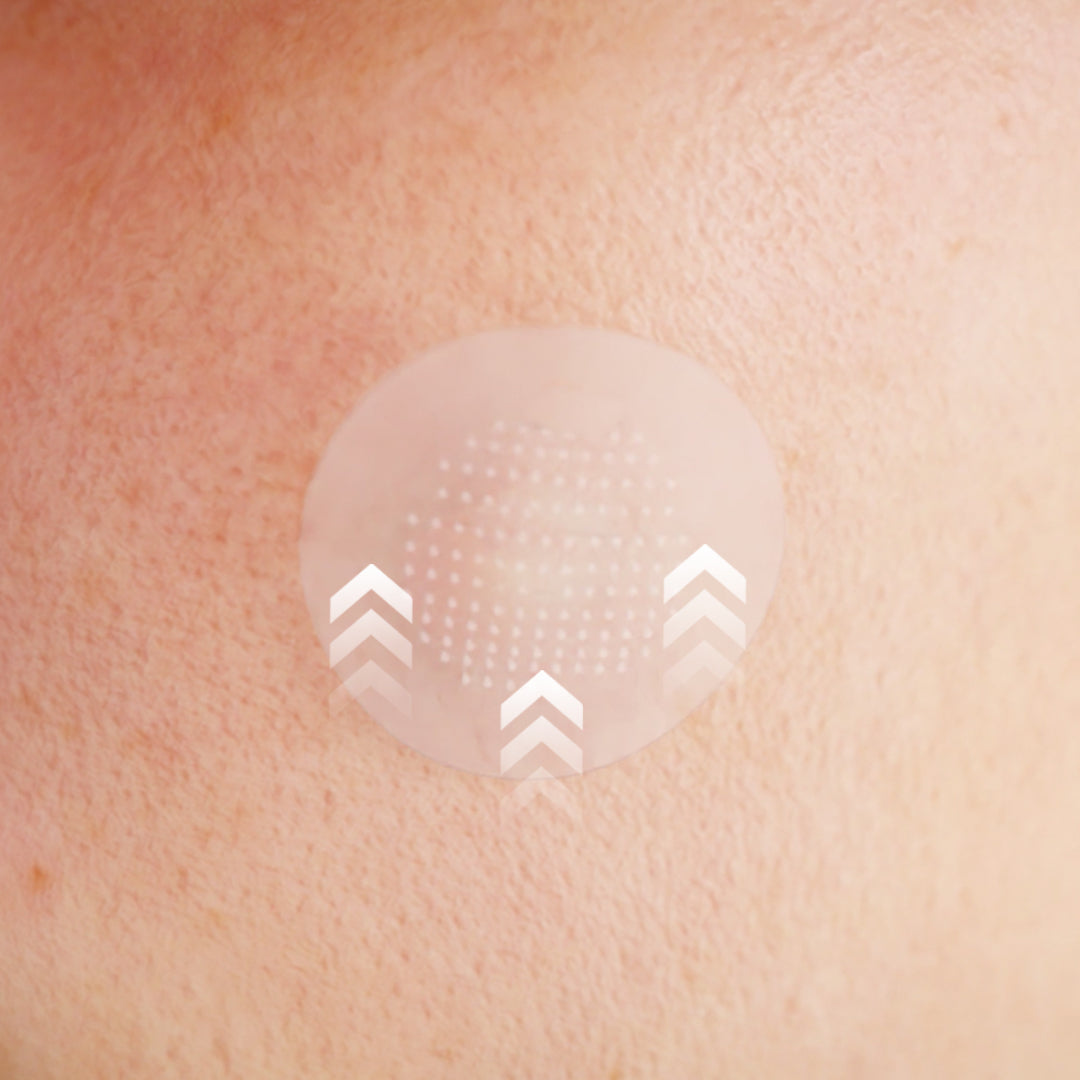 Transdermal Avarelle Multi-Dart Patch applied to skin for skin friendly ingredients delivery.