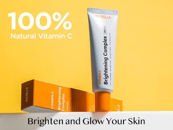 Tube of Avarelle Vitamin C Brightening Complex Cream, positioned for skincare with the slogan "brighten and glow your skin.