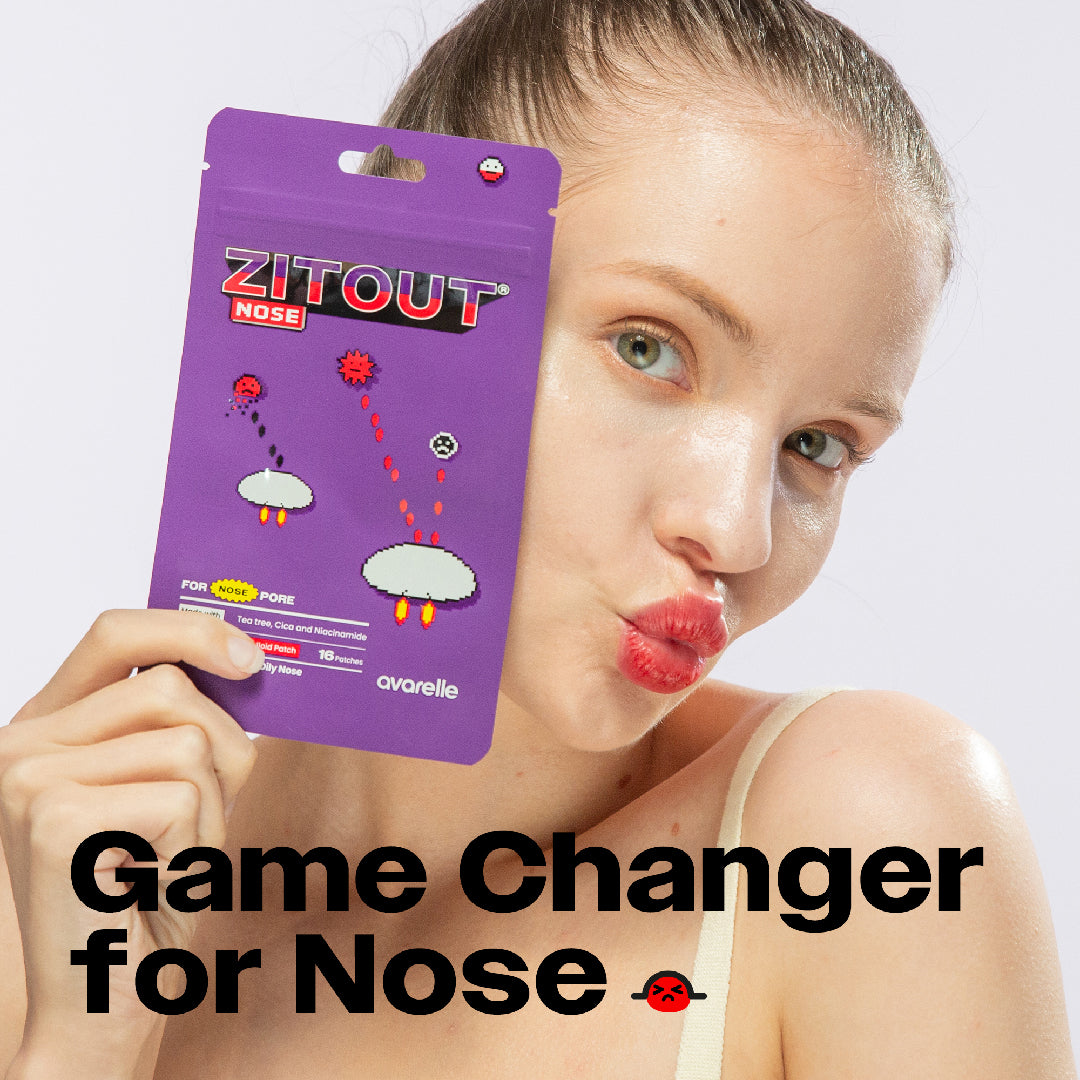 Woman holding a ZitOut Nose 16ct package from Avarelle while making a pouting gesture with the text "game changer for acne" displayed.