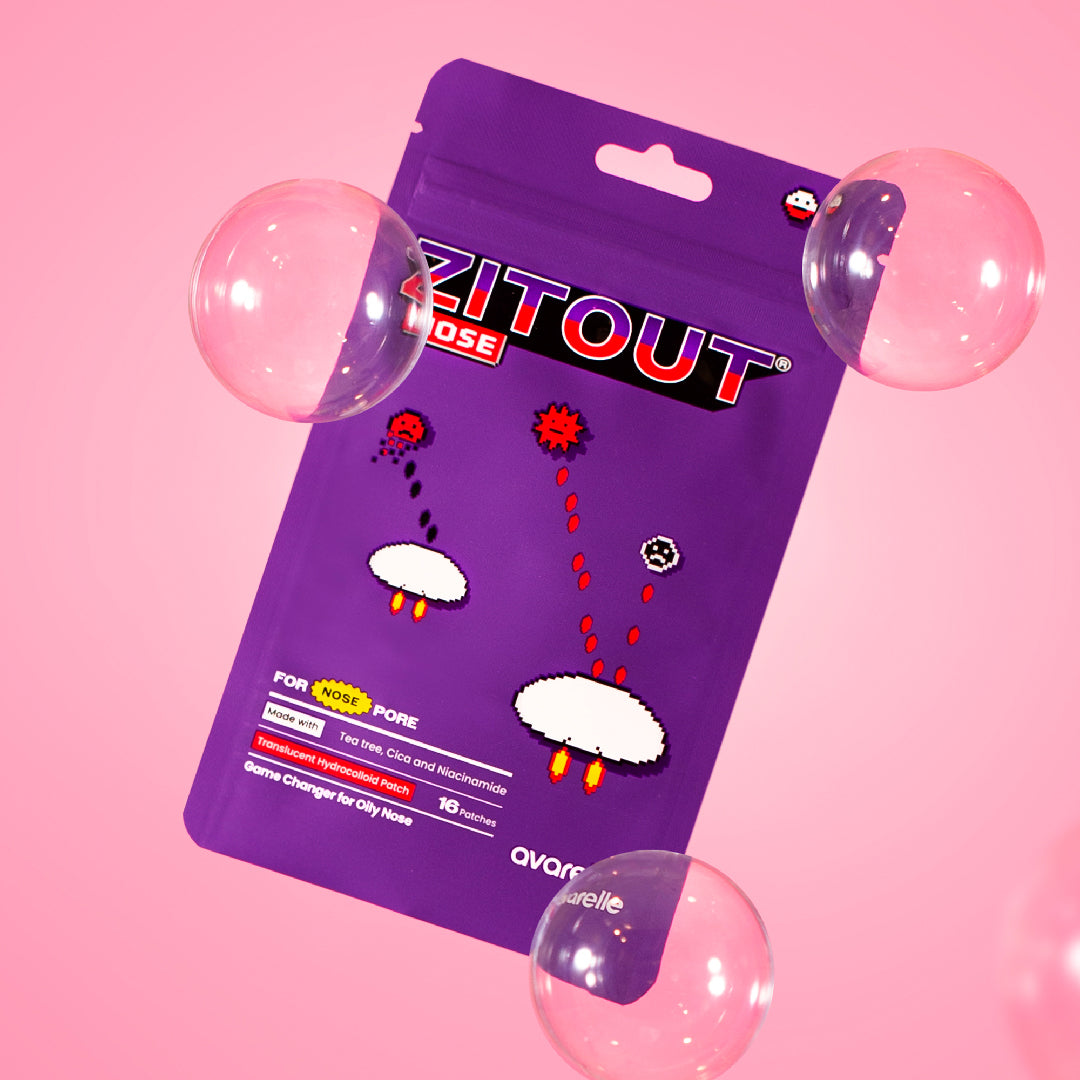 A package of Avarelle ZitOut Nose 16ct acne treatment patches against a pink background with translucent bubbles floating around.