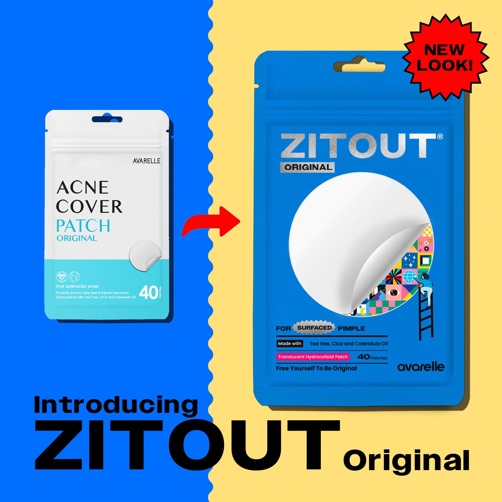 Rebranding from Avarelle Acne Cover Patch Original to ZitOut Original "Free Yourself To Be Original" Old version on a blue background, and the new packaging on a bright yellow background.