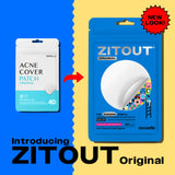 Advertising image showcasing a rebranded pimple patch product, introducing "ZitOut Original 40" by Avarelle with a new packaging design.