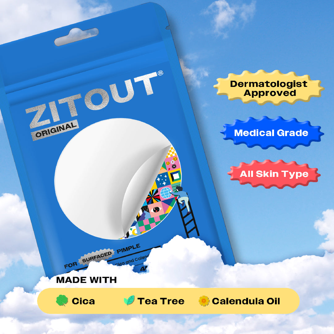 Packaging for Avarelle's ZitOut Original 40 acne patches against a blue sky background, highlighting key ingredients and dermatologist approval.