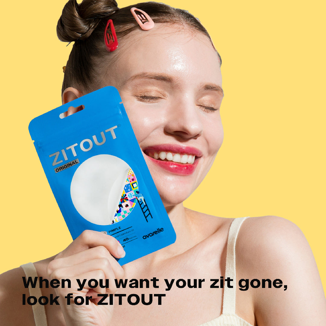 A smiling woman holding up a blue Avarelle ZitOut Original 40 acne patch skincare product package against a yellow background with promotional text that says "When you want your zit gone, look for ZITOUT"