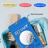 Sustainable Avarelle ZitOut Original 40 acne patch products with eco-friendly certifications displayed in a transparent toiletry bag.
