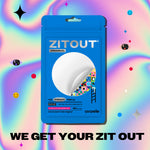 Package of ZitOut Original 40 acne patches on a colorful, abstract background with the slogan "we get your zit out" by Avarelle.