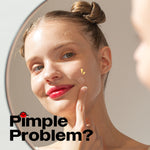 Woman applying Avarelle's ZitOut Original 80 acne patch looking into a mirror, asking a question, "pimple problems?"