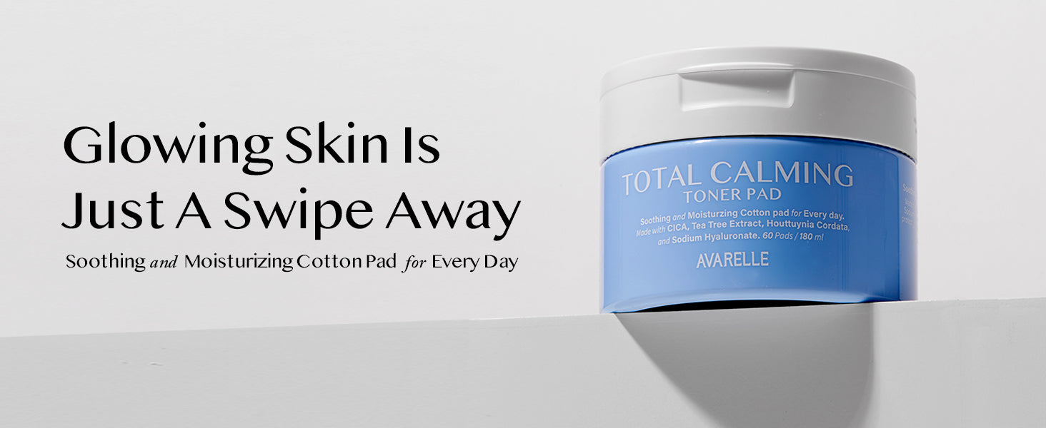 Avarelle's Total Calming Toner Pad on the edge on an angle with a white background.  Stating "Glowing skin is just a swipe away"