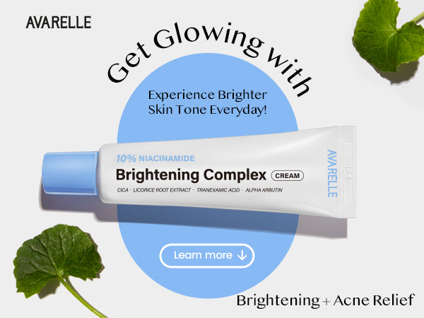 Avarelle skincare cream, infused with 10% Niacinamide Brightening Complex, highlighting its brightening and acne relief benefits.