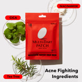 Red packaging of Avarelle's "Multi-Dart Patch" for acne treatment, surrounded by ingredients like cica oil, tea tree, and niacinamide..