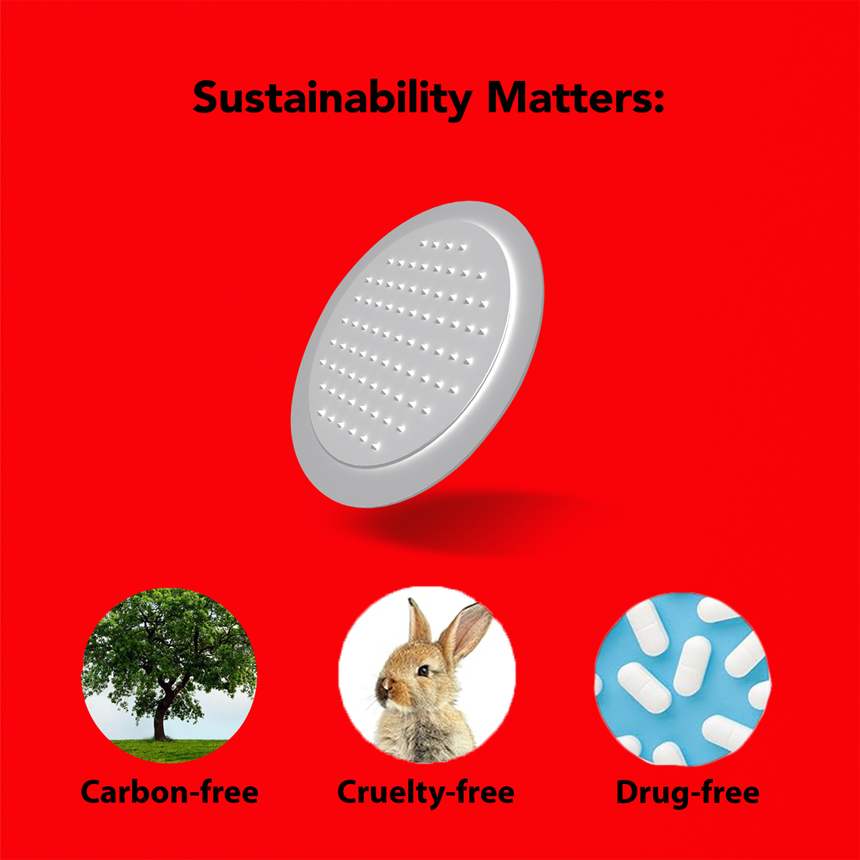 A graphic promoting sustainability with icons representing carbon-free, cruelty-free, drug free, and Avarelle Multi-Dart Patch attributes.