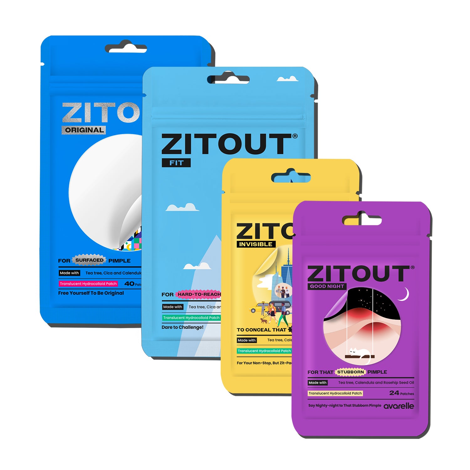 A white background with four Avarelle Products including ZitOut Original 40, ZitOut Fit, ZitOut Invisible, and ZitOut Good Night.