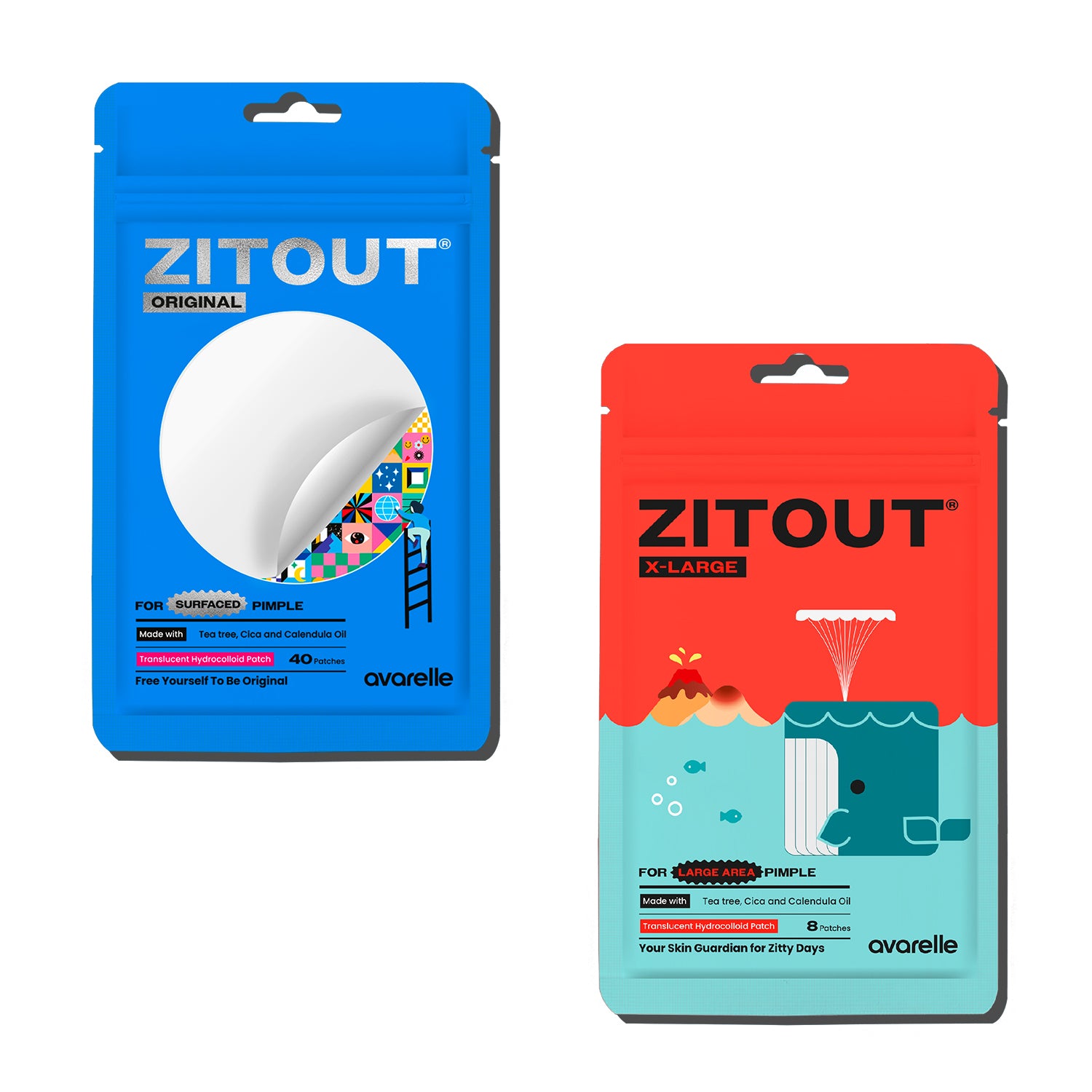 Two pouches of Avarelle's Bestseller Bundle displayed on top of a white background with, ZitOut Original 40 and ZitOut x-large pimple patches. With the taglines “Free Yourself To Be Original”, and “Your Skin Guardian for Zitty Days”.