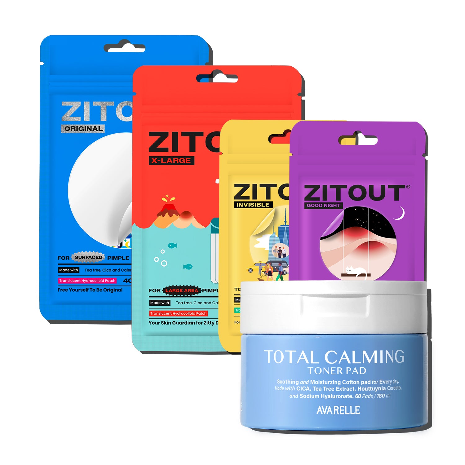 five Avarelle product on a white background.  These include ZitOut Original 40, ZitOut X-Large, ZitOut Invisible, ZitOut Good Night, and Avarelle's Total Calming Toner Pad