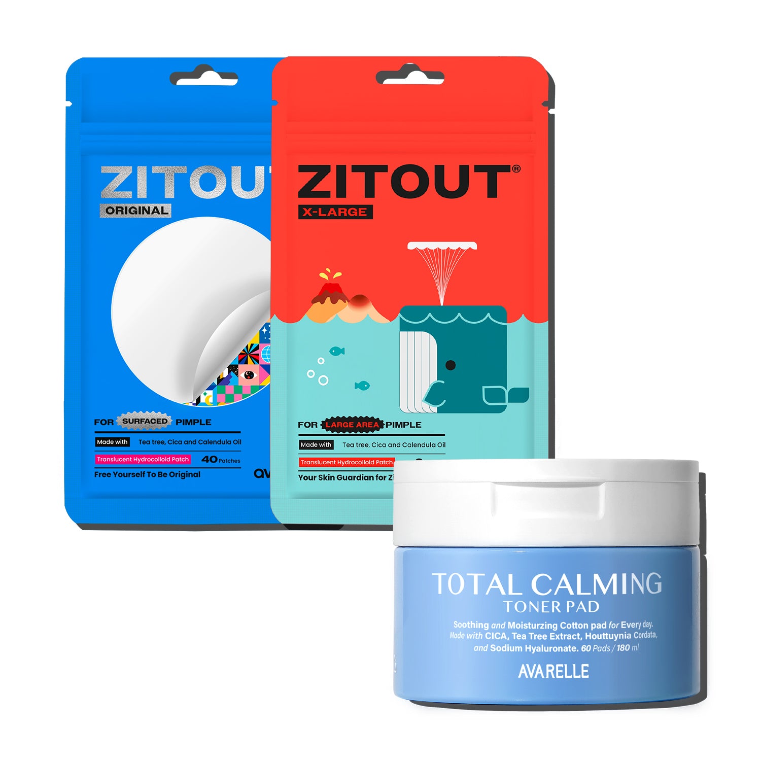 3 products from Avarelle on a white background.  Which are the zitout original, zitout x-large, and total caling toner pads.