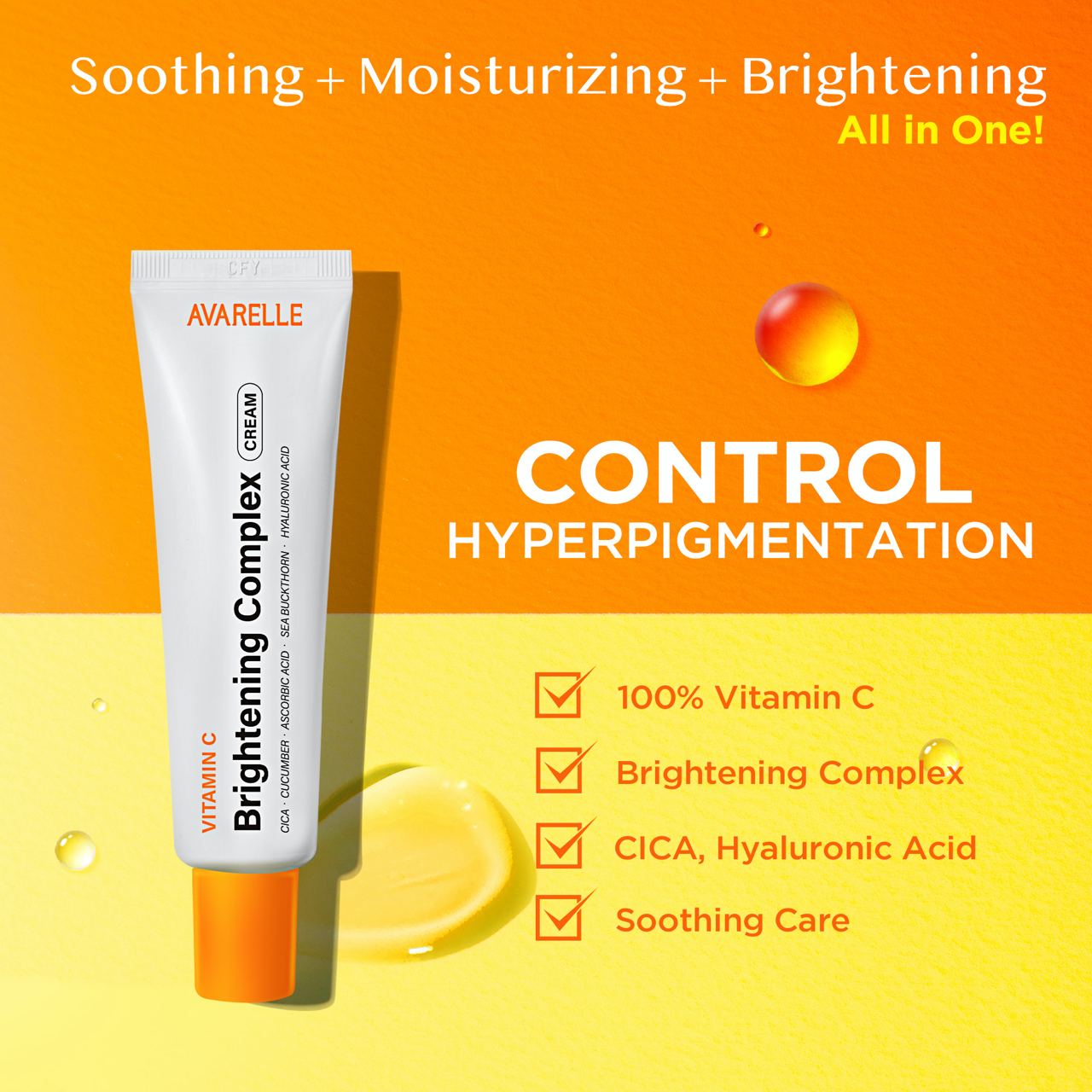 Avarelle's Vitamin C Brightening Complex Cream, featuring Cica and highlighting its soothing, moisturizing, and brightening properties, designed to control hyperpigmentation.