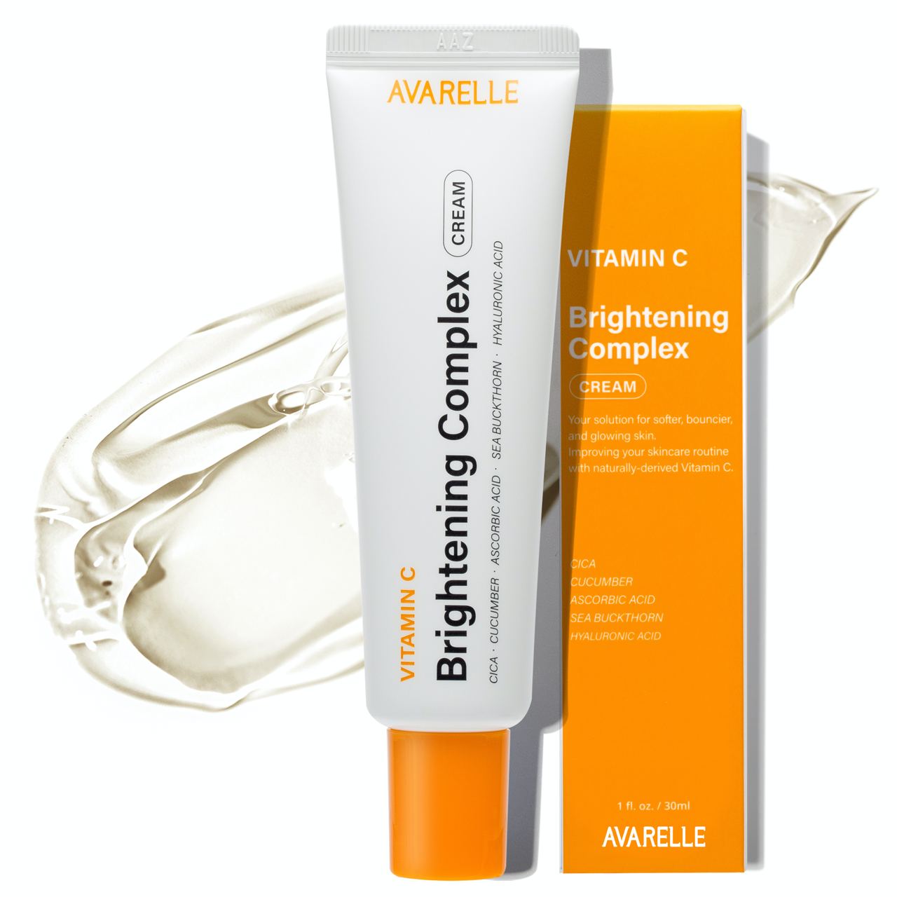 Avarelle's Vitamin C Brightening Complex Cream with packaging and a swatch of the product. WIth key ingredients such as, Cica, Cucumber, Ascorbic Acid, Sea Buckthorn (Naturally- derived Vitamin C), Hyaluronic Acid