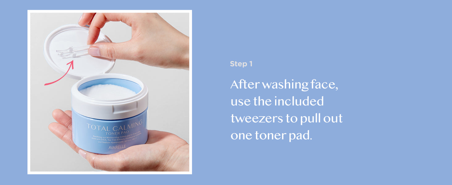 Using tweezers that come with every Total calming toner pad to extract a single Avarelle Total Calming Toner Pad infused with AHA & PHA and Houttuynia Cordata from a skincare jar.