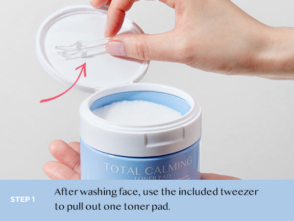 Using tweezers that come with every Total calming toner pad to extract a single Avarelle Total Calming Toner Pad infused with AHA & PHA and Houttuynia Cordata from a skincare jar.
