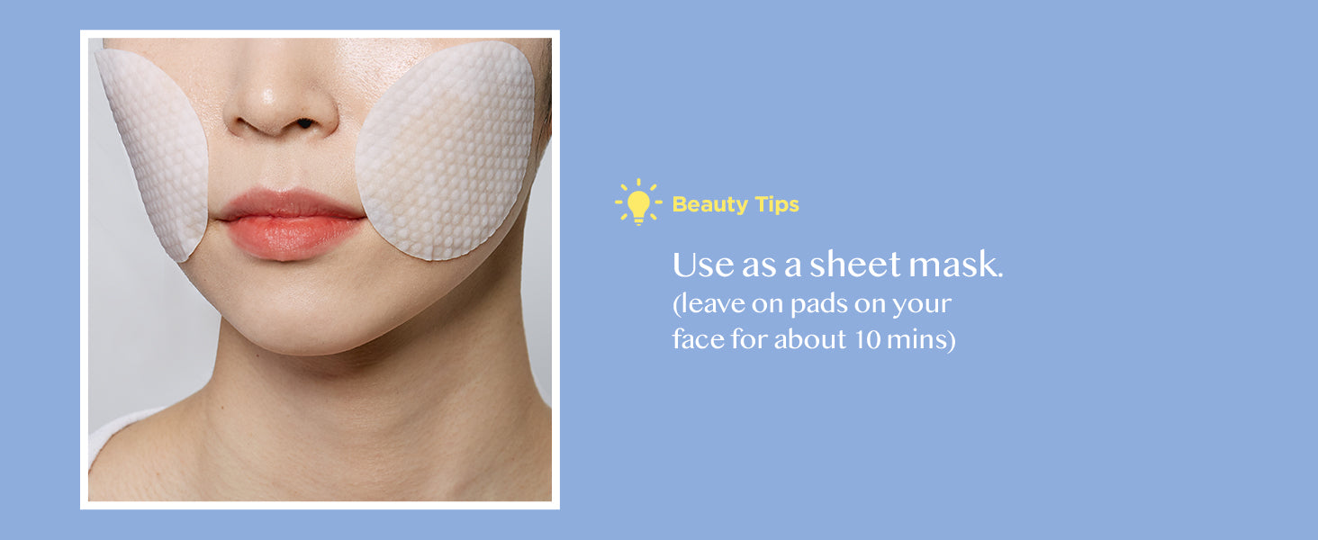 A woman with Avarelle Total Calming Toner Pads applied to her cheeks, accompanied by a text that says: "Beauty tips: use as a sheet mask. Leave on pads on your face.