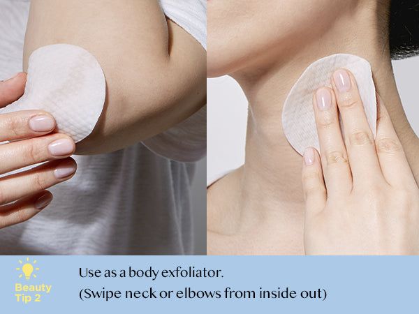Woman using Avarelle Total Calming Toner Pads, a soothing and moisturizing round exfoliating pad infused with Cica oil on her neck and elbow.