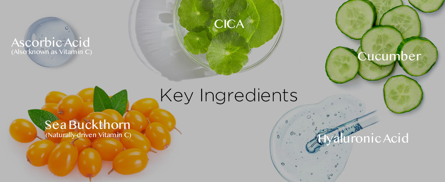 Key ingredients used in skincare: Avarelle Vitamin C Brightening Complex Cream, sea buckthorn, hyaluronic acid, cucumber.