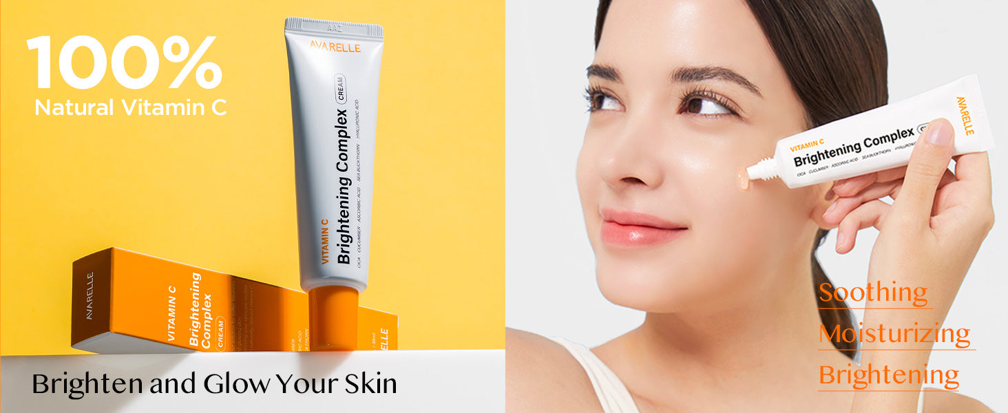 Avarelle's Vitamin C Brightening Complex Cream featuring vitamin C and hyaluronic acid, highlighting its natural ingredients and skin brightening benefits. Listing it's skin benefits such as, soothing, moisturizing and brightening.