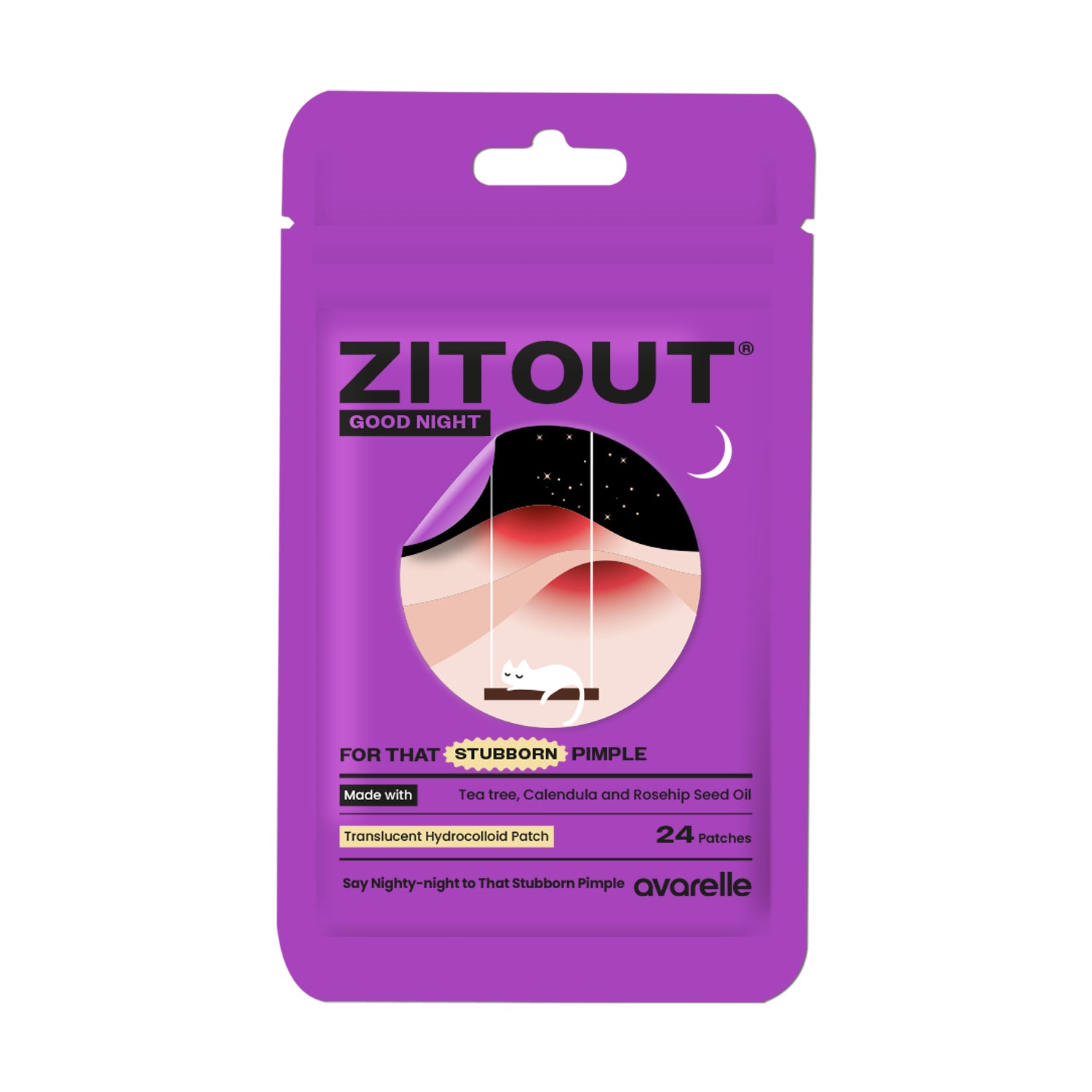 A Avarelle ZITOUT GOOD NIGHT (PM) hydrocolloid patches designed for removing pimples without falling off with its extra sticky hydrocolloid adhesive.