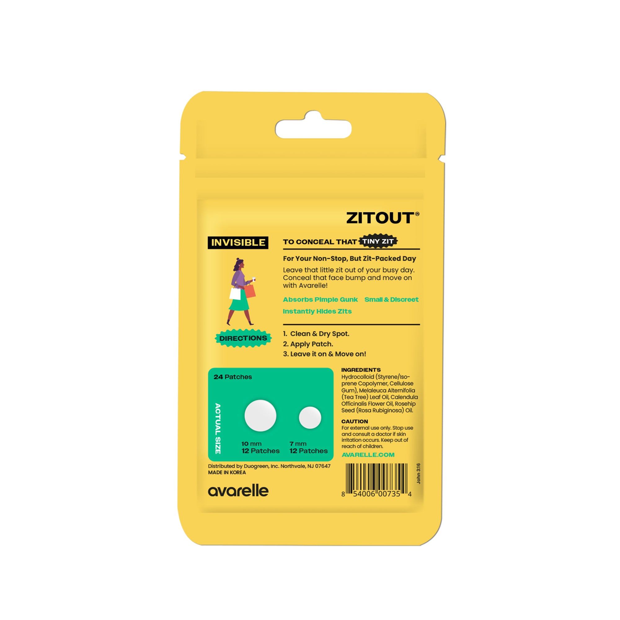Packaging for Avarelle ZITOUT Invisible (AM) Acne Patch with product information and usage instructions including all ingredients such as Calendula, tea tree, and cica oil.