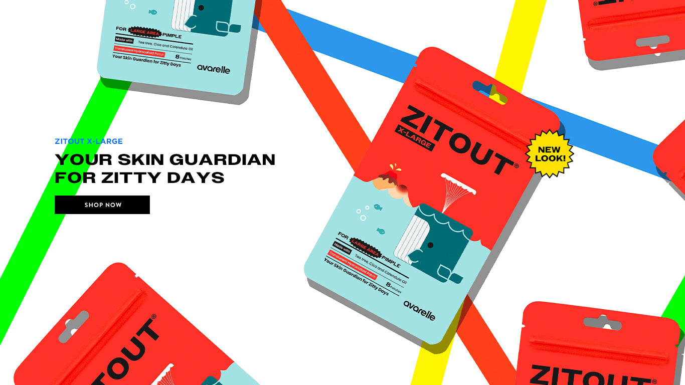5 pouches in different positions and angles lying on a white background with red, yellow, blue, and green stripes.  With text that reads "YOUR SKIN GUARDIAN FOR ZITTY DAYS"