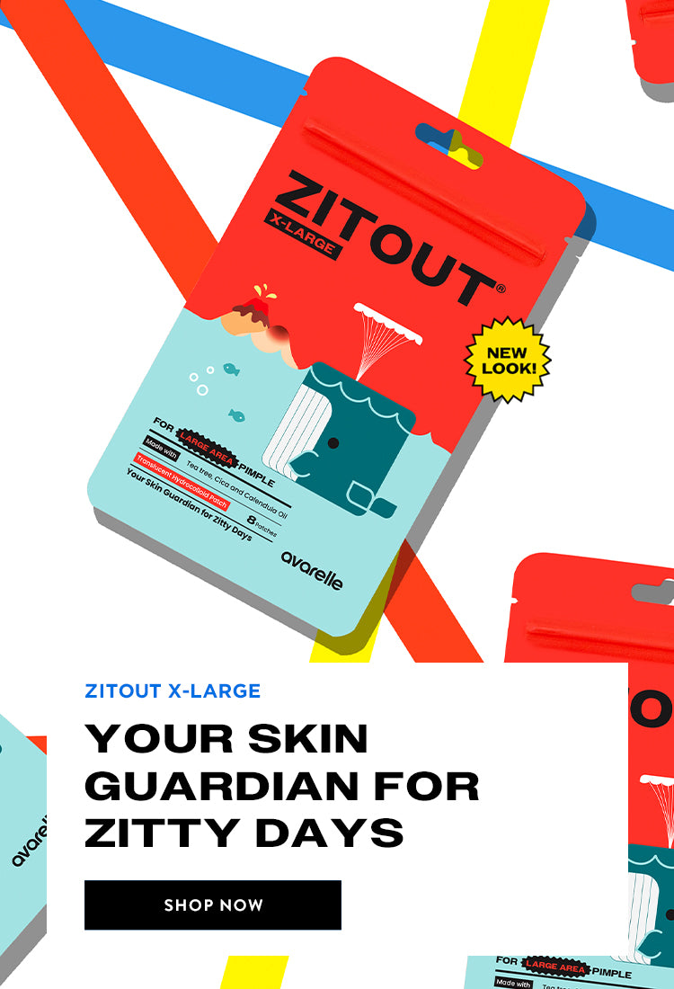 4 pouches in different positions and angles lying on a white background with red, yellow, blue, and green stripes.  With text that reads "YOUR SKIN GUARDIAN FOR ZITTY DAYS"