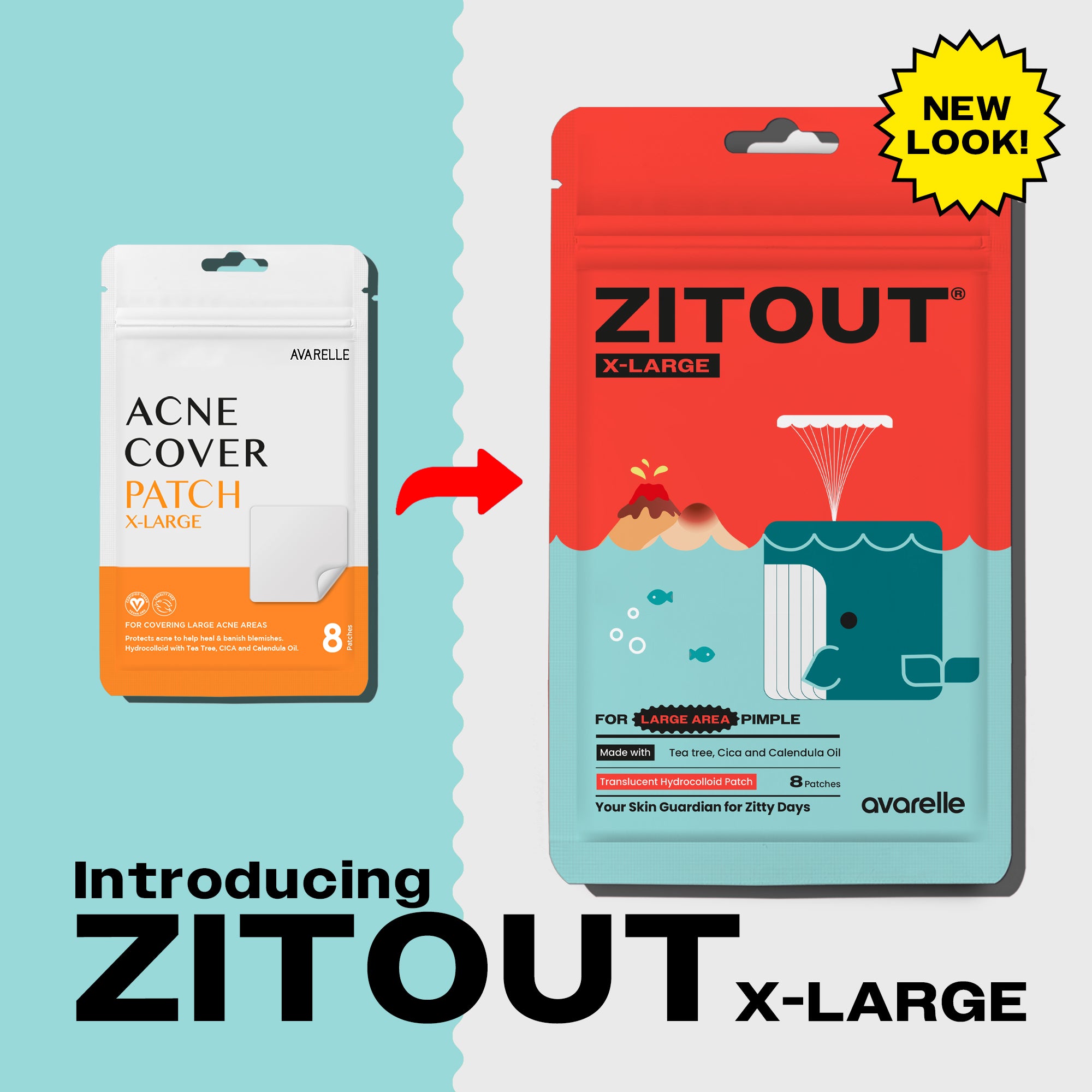 Product rebranding from "acne cover patch" by Avarelle to "ZitOut X-Large Pimple Patch" with a new packaging design.