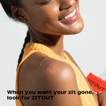 A smiling woman with a clear, extra large Avarelle hydrocolloid acne patch on her shoulder, holding a product box labeled "ZitOut X-Large".
