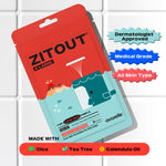 A pack of Avarelle ZitOut X-Large acne patches with key features highlighted, such as dermatologist approval, suitability for all skin types, and ingredients like tea tree, cica, and calendula oil.