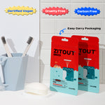 Bathroom countertop with ZitOut X-Large hydrocolloid patches by Avarelle. As well as, toothbrushes, and biodegradable packaging, highlighting that ZitOut X-large is certified vegan, cruelty and carbon free. In addition, that due to its resealable packaging, it is easy to carry while living life.