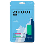 Package of ZITOUT FIT 16CT acne patch treatment by Avarelle with Madecassic Acid, tea tree, cica oil, and  it includes 16 patches.  In the background is a blue sky graphic with a person reaching the high peak mountain. Emphasizing on hard to reach pimple.