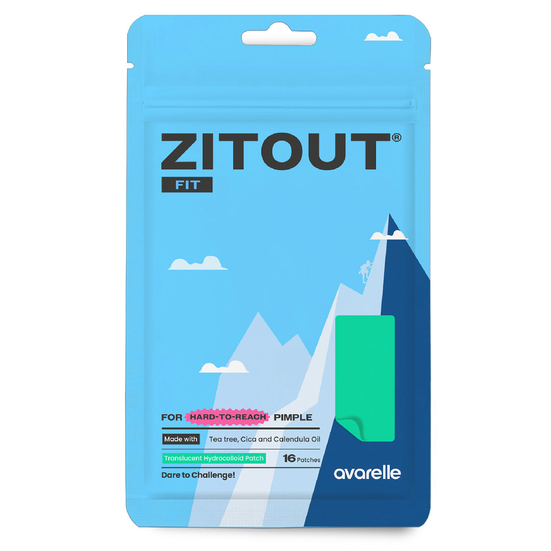 Package of ZITOUT FIT 16CT acne patch treatment by Avarelle with Madecassic Acid, tea tree, cica oil, and it includes 16 patches. In the background is a blue sky graphic with a person reaching the high peak mountain. Emphasizing on hard to reach pimple.