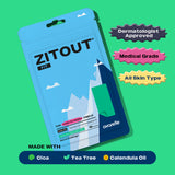 Packaging of Avarelle ZITOUT FIT 16CT hydrocolloid patches with highlighted ingredients like cica, tea tree, and calendula oil, dermatologist approved for all skin types.
