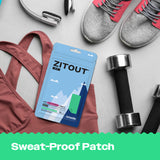 Fitness accessories and a pack of Avarelle ZITOUT FIT 16CT patches infused with cica, smf tea tree oil on a flat surface.