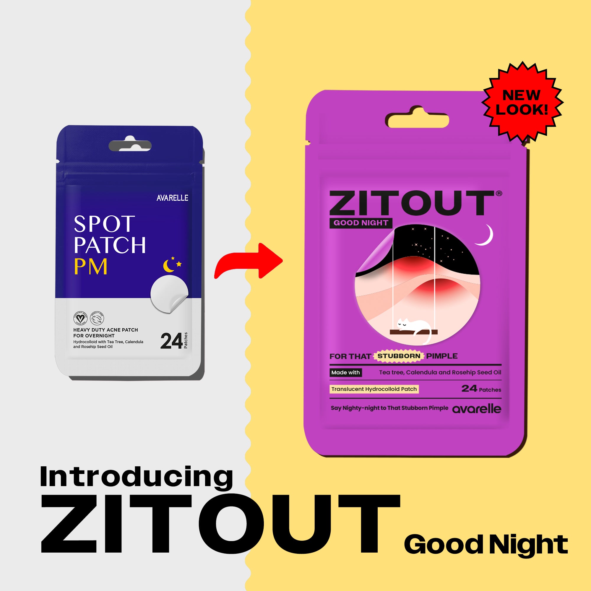 Packaging design evolution of Avarelle's ZITOUT GOOD NIGHT (PM) from an older version to a new look, highlighting product features and quantity.