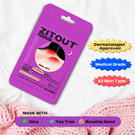 Avarelle’s ZITOUT Good Night (PM) acne patch packaging on a sheet with pink quilted blanket on the lower third area. Highlighting dermatologist approved and suitability for all skin types. Focusing on ingredients such as cica, tea tree, rosehip seed oil. 