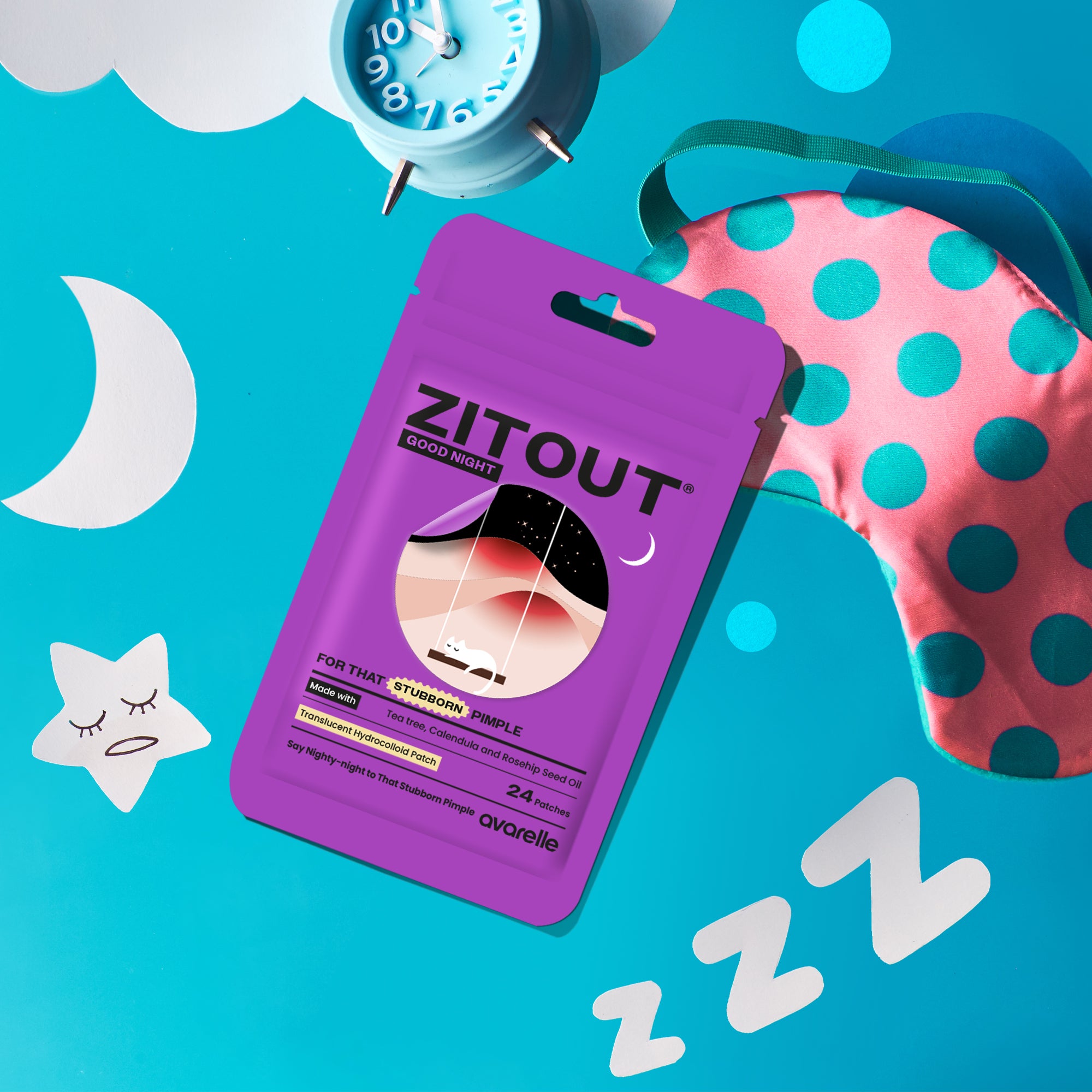 A colorful composition featuring a packet of Avarelle's ZITOUT Good Night(PM) hydrocolloid acne patches with tea tree, rosehip seed, and calendula oil, a sleep mask, an alarm clock, and decorative elements on a blue background.