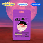 Product packaging of Avarelle ZITOUT Good Night(PM) acne patch skincare treatment against a vibrant cosmic backdrop. Focusing on benefits such as, certified vegan , cruelty free, and carbon free.