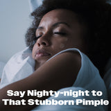 A person resting peacefully with an Avarelle ZITOUT Good Night(PM) pimple patch on her cheek.  With the slogan, "Say Nighty night to That Stubborn Pimple"