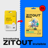 Packaging design evolution of Avarelle's ZITOUT Invisible (AM) from an older version to a new look, highlighting product features and quantity.
