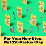 Miniature people standing and walking on oversized Avarelle ZITOUT Invisible (AM) acne treatment packages, including Avarelle Invisible Acne Patch pouches, with the tagline "for your non-stop, but zit-packed day.
