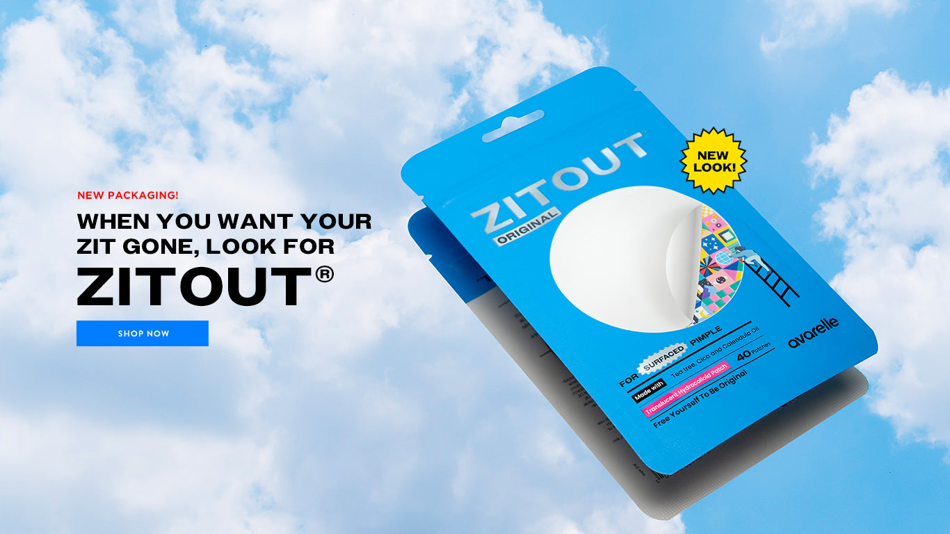 Avarelle's ZitOut Original 40 on blue sky with cloud background.  With text that says "WHEN YOU WANT YOUR ZIT GONE, LOOK FOR ZITOUT"